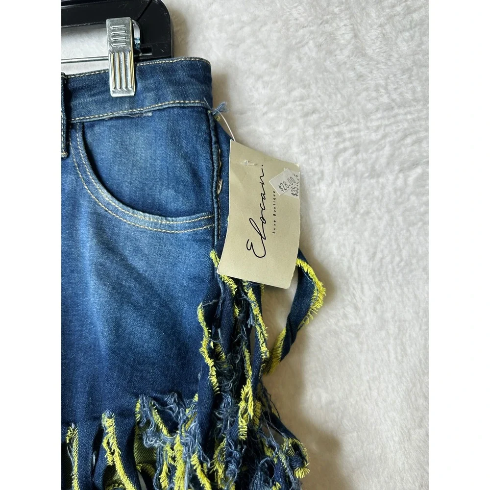 NWT Elocan Luxe Boutique Distressed Denim Fringe Shorts Blue Yellow Festival